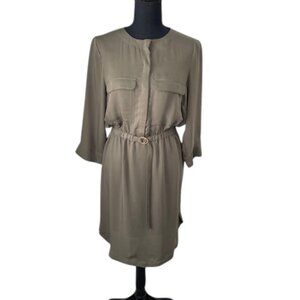 H and M Olive Green Long Sleeve Belted Shirt Dress Size 10
